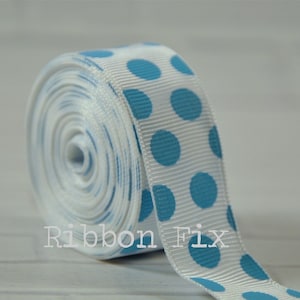 7/8&quot; White with Turquoise Blue Polka Dot Grosgrain Ribbon - Easter - Spring - Party Dots - Wedding - Baby Shower - Ocean Beach - Dog Collar