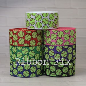 7/8&quot; Neon Yellow & Red Softball Print Grosgrain Ribbon - Fast Pitch - Bat and Ball - Black - Royal Blue - Purple - Hot Pink - Emerald Green