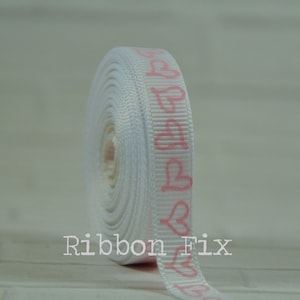 3/8&quot; White & Lt. Pink Doodle Heart Print Grosgrain Ribbon - Valentine&#39;s Day - Wedding - Korker Bows - Love Hearts - Dog Collar -Gift Wrap