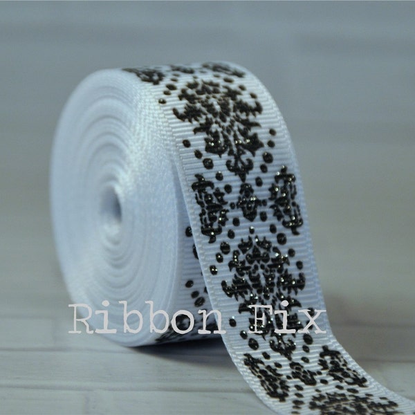 7/8" White & Black Glitter Damask Print Grosgrain Ribbon - US Designer - Halloween Dots - Wedding Party - Baby Shower - Dog Collar Leash