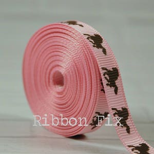 100 yard roll 3/8&quot; Baby Pink & Brown Horse Grosgrain Ribbon - US Designer Print - Rodeo - Farm - Barn - Cowboy - Baby Shower - Dog Collar