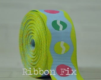 7/8" Baby Blue Easter Eggs Print Grosgrain Ribbon - Dots & Stripes - Egg Hunt Dye - Pink Green Yellow - Bunny Rabbit - Basket - Scalloped