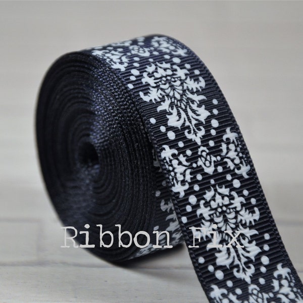 7/8 » Navy Blue - White Damask Grosgrain Ribbon - Fancy Dots - US Designer - Baby Shower - Toile - Wedding - Gift Wrap - Dog Collar - Bows