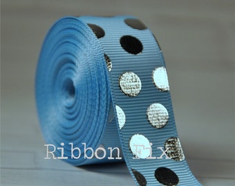 7/8 » Baby Blue - Silver Foil Dot Print Grosgrain Ribbon - US Designer - Wedding Party - Baby Shower - 1er anniversaire - Emballage cadeau - Baby Boy