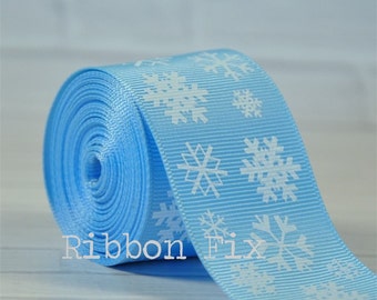 1.5" Christmas Baby Blue Snowflake Print Grosgrain Ribbon - Santa Claus - Frozen Snow Flakes - Holiday Party - Gift Wrap - Dog Collar Leash