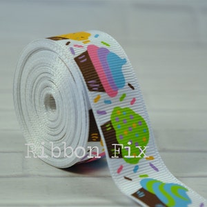 7/8&quot; Cupcake Grosgrain Ribbon - US Designer Print - Birthday Party - Bakery Treat - Dessert - Baby Shower - Gift Wrap Bow - Dog Collar Leash