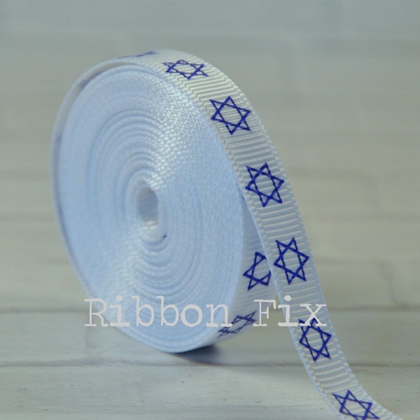 3/8" White Star of David Print Grosgrain Ribbon - Royal Blue - Jewish - Hanukkah - Dreidel - Gift Wrap - Holiday Sewing - Menorah Candles