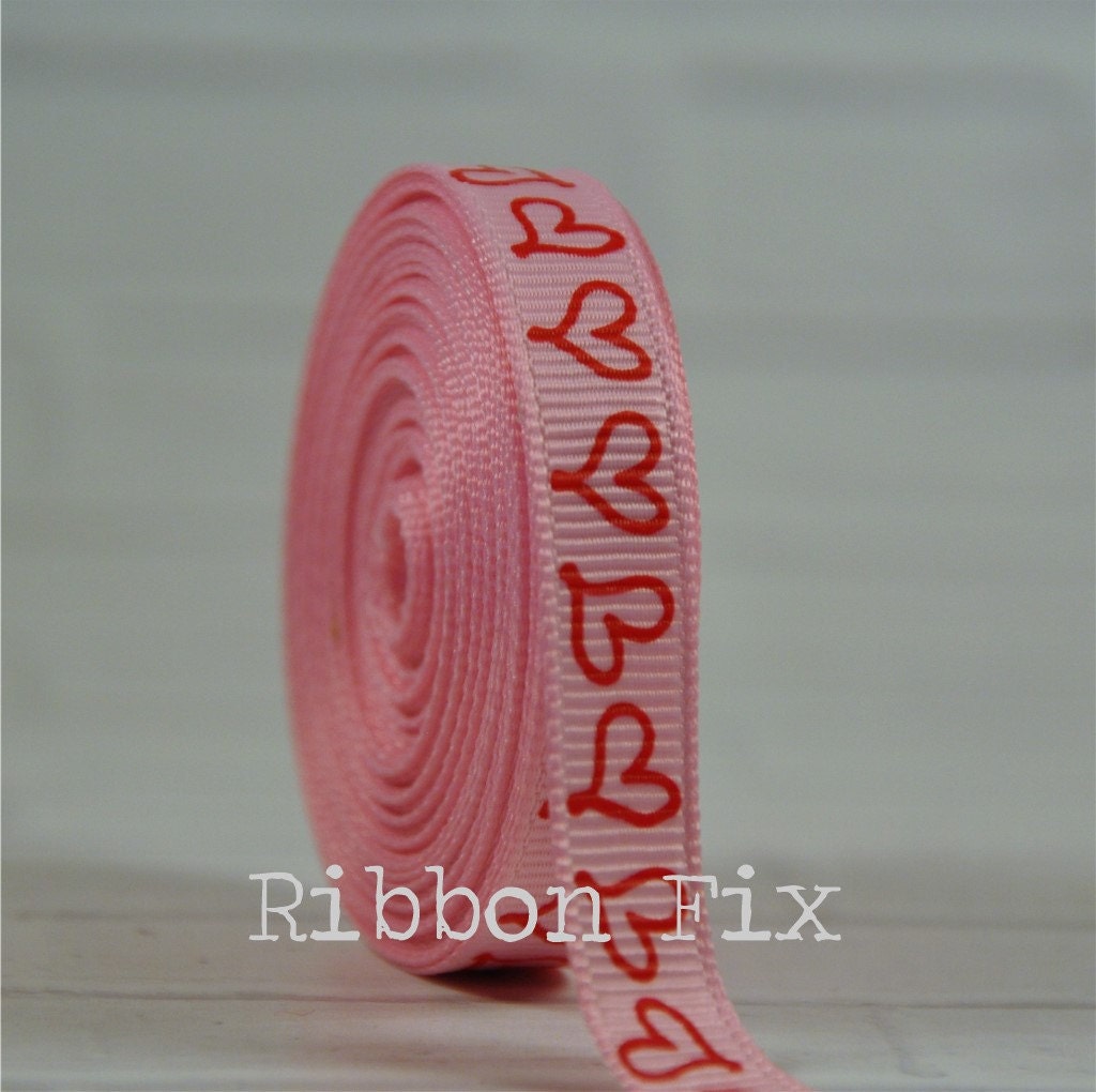 Red Hearts Printed on Pink Grosgrain Ribbon 1 Inch Sewing Crafting