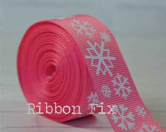 7/8" Christmas Hot Pink & White Snowflake Print Grosgrain Ribbon - Winter Snow - Holiday Party - Frozen Princess - Dog Collar - 1st Birthday