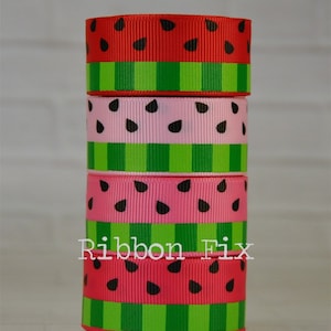 7/8" Watermelon Stripe Print Grosgrain Ribbon - US Designer - Black Seeds - Juicy Summer Fruit Bow - Gift Wrap - Lemon Hairbows - Red - Pink