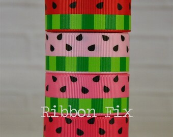 7/8" Watermelon Stripe Print Grosgrain Ribbon - US Designer - Black Seeds - Juicy Summer Fruit Bow - Gift Wrap - Lemon Hairbows - Red - Pink