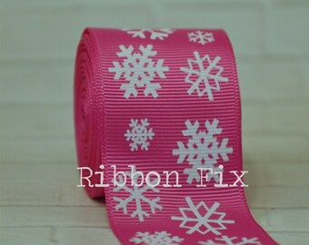 1.5" Wild Berry Pink Christmas Snowflake Print Grosgrain Ribbon - Winter Snow Flakes - Holiday Party - Gift Wrap Bow - Dog Collar - Frozen