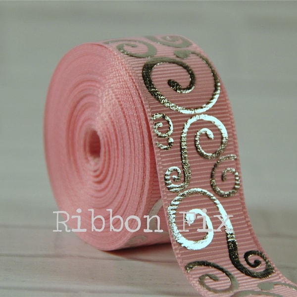 7/8" Baby Pink & Silver Foil Swirl Print Grosgrain Ribbon -Gift Wrap - Valentine's Day - Wedding Party - Baby Shower - Dog Collar - Princess