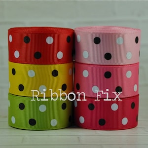 7/8&quot; Black & White Polka Dot Print Grosgrain Ribbon - Bow - Gift Wrap - Lime Green - Yellow - Baby Pink - Red - Bee - Ladybug - Halloween