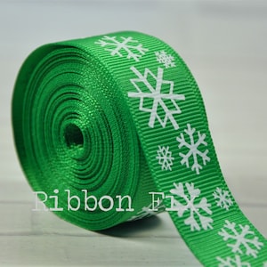 7/8&quot; Weihnachten Smaragd Schneeflocke Grosgrain Band - Noel Bögen - Winter Schnee - Handwerk Nähen - Urlaub Party - Home Decor - Hundehalsband Leine
