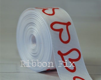 7/8" White with Red Doodle Heart Print Grosgrain Ribbon - Valentine's Day - Wedding Bows - Gift Wrap Hearts - Home Decor - Dog Collar Leash