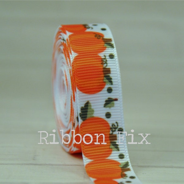 5/8" White Pumpkins Grosgrain Ribbon - US Designer Print - Wedding Gift Wrap - Fall Baby Shower - Dog Collar Bow - Autumn Bows - Treat Ties