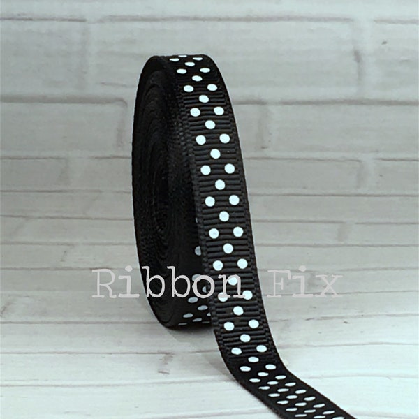 3/8" Black & White Swiss Dot Print Grosgrain Ribbon - Gift Wrap - Halloween Dot - Baby Shower - Wedding Party - Valentine's Day - Dog Collar