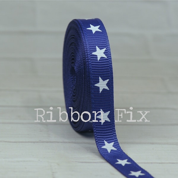 3/8" Royal Blue & White Star Print Grosgrain Ribbon - Stars and Stripes - US Designer - 4th of July - Patriotic - Korkers - USA - Old Glory