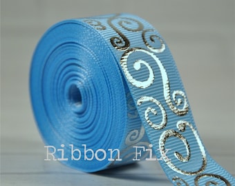 7/8" Baby Blue & Silver Foil Swirl Print Grosgrain Ribbon - US Designer - Winter Swirls - Wedding Gift Wrap - Baby Shower - Dog Collar Leash