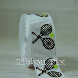 7/8&quot; White Tennis Rackets Print Grosgrain Ribbon - Balls - Court - Net - Love - Backhand - Deuce - Serve - Sports Shoes - Dog Collar Leash