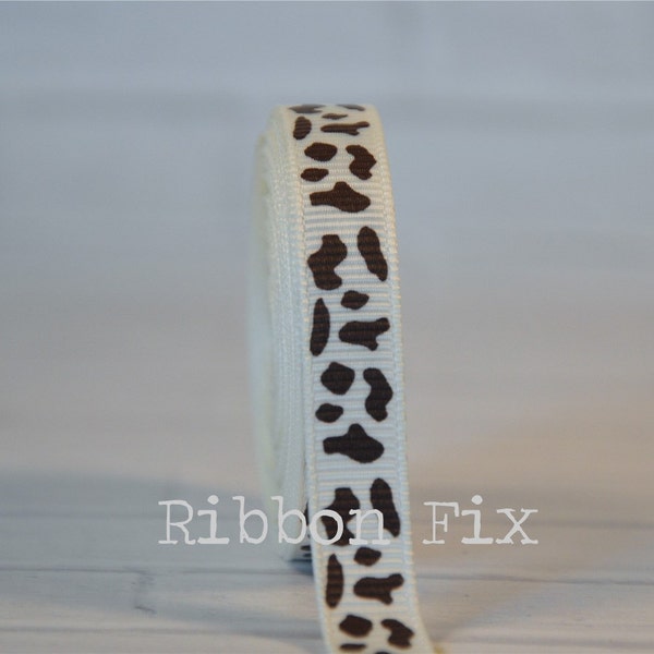 3/8" Antique White & Brown Cow Spots Grosgrain Ribbon - Mud Puddle - Cowboy Farmer - Baby Shower - Dog Collar - Animal Print - Birthday  Bow