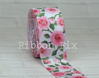 Cinta de grosgrain de 2,5 cm con estampado de rosas y capullos rosas - Jardín - Flores - Envoltura de regalos - Fiesta de bodas - Baby shower - Estampado floral retro - Collar para perros