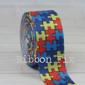 7/8&quot; Autism Awareness Puzzle Print Grosgrain Ribbon - School Bow - Rainbow Pieces - Red - Yellow - Copen - Royal Blue - Light It Up - ASD