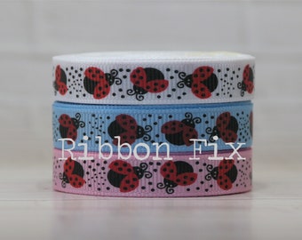 3/8" Ladybugs Grosgrain Print Ribbon - US Designer - Spring Bows - Bug Beetle - Baby Shower - Summer Flowers - Gift Wrap - Birthday Party