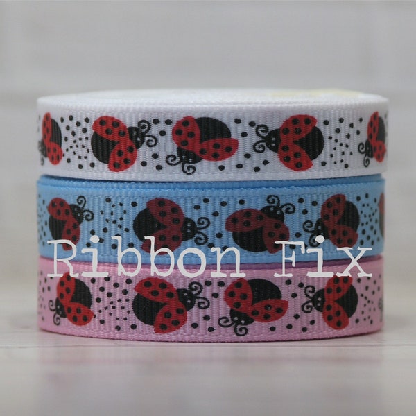 3/8" Ladybugs Grosgrain Print Ribbon - US Designer - Spring Bows - Bug Beetle - Baby Shower - Summer Flowers - Gift Wrap - Birthday Party