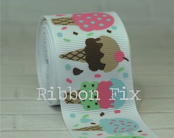 1.5" White Ice Cream Cones Grosgrain Ribbon - US Designer Print - Waffle Cone - Ice Cream - Craft Project - Sprinkles - Chocolate -  Vanilla