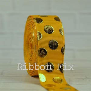 7/8&quot; Yellow Gold & Gold Foil Bling Dot Print Grosgrain Ribbon - US Designer - Wedding Gift Bow - Baby Shower - Gift Wrap Ribbons - Dots Bows