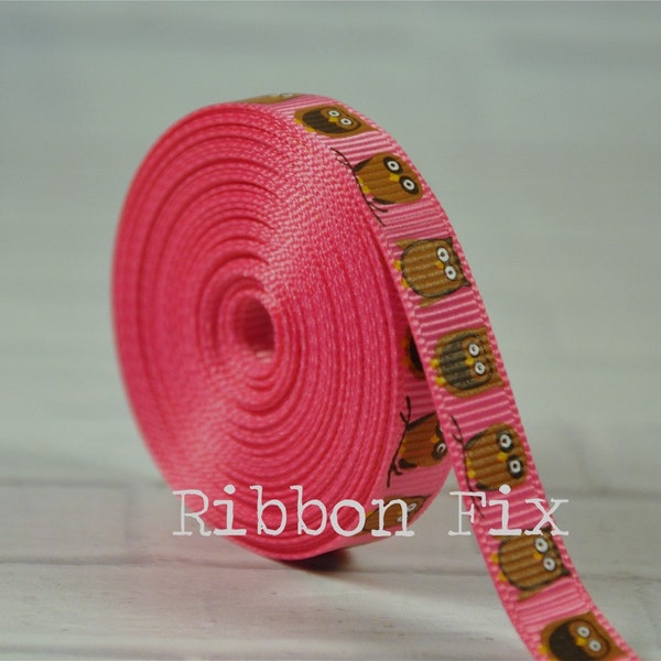 2 yards 3/8" Hot Pink Owl Grosgrain Ribbon - US Designer Print - Hoot - Craft - Wedding - Baby Shower - Home Decor - Dog Collar Leash