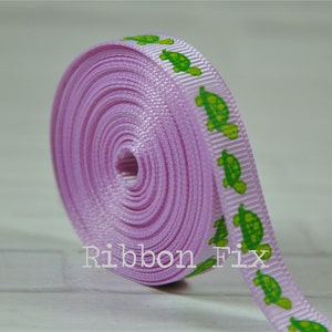3/8&quot; Lt. Orchid Purple & Green Turtle Print Grosgrain Ribbon - US Designer - Sea Tortoise - Baby Shower - Ocean Beach - Dog Collar - Animal
