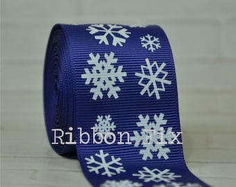 1.5" Royal Blue Christmas Snowflake Print Grosgrain Ribbon - Winter Snow Flakes - Holiday Party - Gift Wrap Bows - Dog Collar - Baby Frozen