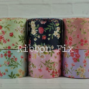 1.5&quot; Floral Garden Print Grosgrain Ribbon - Pink- Purple - Navy Blue - Green - Dog Collar Leash - Flower Hair Bows - Roses - Tulips - Daisy
