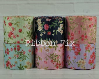 Cinta de grosgrain de 3,8 cm con estampado floral de jardín - Rosa - Morado - Azul marino - Verde - Correa para collar de perro - Lazos para el pelo con flores - Rosas - Tulipanes - Margarita