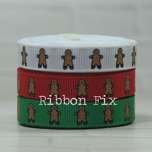 3/8&quot; Christmas Gingerbread Print Grosgrain Ribbon - Holiday Cookies - Ornament Bows - Santa Claus -  Winter Party -