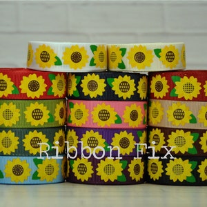 5/8&quot; Yellow Sunflower Print Grosgrain Ribbon - US Designer - Fall Sunflowers - White Green Blue Pink Purple Brown Black - Seeds - Festival
