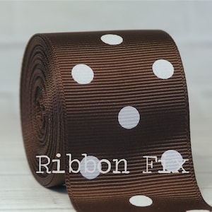 1.5&quot; Brown with White Polka Dot Grosgrain Ribbon - Hair Bow - Gift Wrap - Party Wreath - Football - Lanyard - Home Decor - Dog Collar Leash