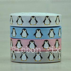 3/8&quot; Winter Penguin Print Grosgrain Ribbon - Christmas Gift Wrap - Holiday Party Bird - Baby Shower Bows - First Birthday - Dog Collar Leash