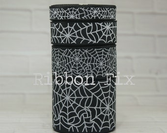 3/8", 5/8", 7/8" or 1.5" Black & White Spiderweb Print Grosgrain Ribbon - Spider Web - Halloween - Spooky Spiders - Pumpkins - Witch - Ghost