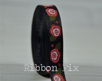 Cinta de grosgrain de 3/8" con estampado de rosas azul marino - Flores rosas - Flores - Corona de jardín - Fiesta de bodas - Baby shower - Envoltura de regalos - Collar para perros