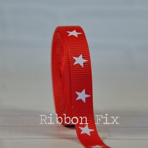 3/8&quot; Red & White Star Print Grosgrain Ribbon - Stars and Stripes - US Designer - 4th of July - Patriotic - Korkers - USA - Old Glory - Flag