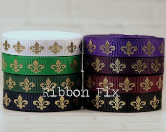 3/8&quot; Gold Foil Fleur de Lis Print Grosgrain Ribbon - White - Emerald Green - Purple - Black - Navy - Mardi Gras - French Quarter - Beads Bow