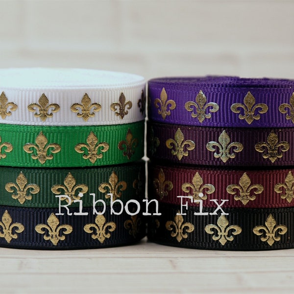 3/8" Gold Foil Fleur de Lis Print Grosgrain Ribbon - White - Emerald Green - Purple - Black - Navy - Mardi Gras - French Quarter - Beads Bow