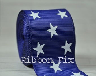 1.5" Royal Blue & White Stars Grosgrain Ribbon - US Designer Print - Red White Blue - 4th of July - USA - Bows - Dog Collar Leash - America