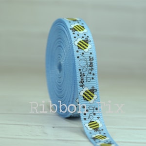 3/8" Baby Blue Buzzing Bees Print Grosgrain Ribbon - US Designer - Honey Bee - Black & Yellow - Gift Wrap - Shower - Flower - Dog Collar