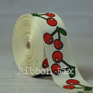 7/8&quot; Antique White & Red Cherry Print Grosgrain Ribbon - Summer Cherries - Fruit Stand - Gift Wrap - Watermelon - Pie Crust - Dog Collar Bow