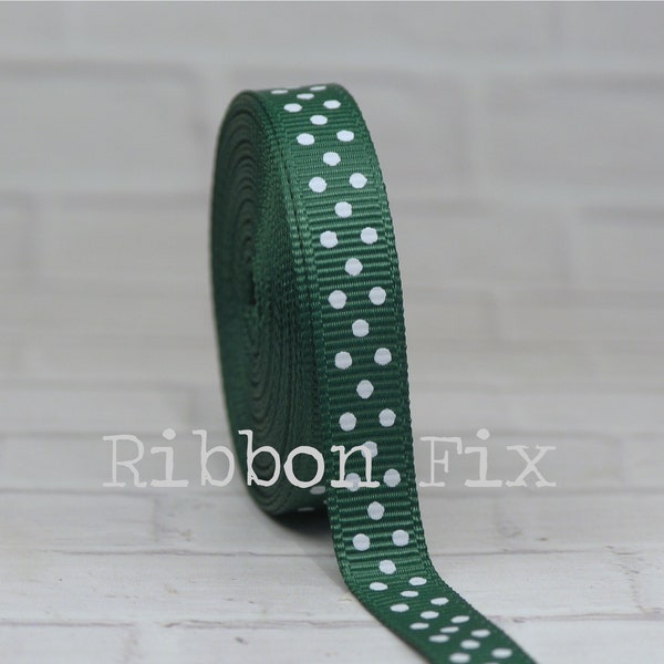 3/8" Forest Green & White Swiss Dot Print Grosgrain Ribbon - Gift Wrap - Birthday - Wedding Party - Dog Collar - Polka Dots - Thanksgiving